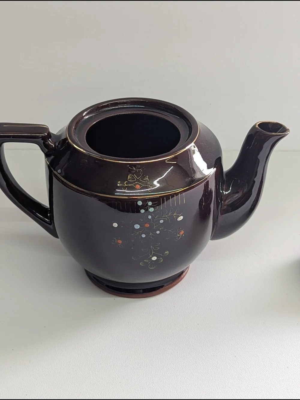 Vintage Hand Painted Brown Ceramic Teapot Floral Gold Cottagecore Tea Pot